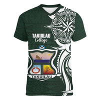 Personalised Tonga Takuilau College Women V-Neck T-Shirt Est 1975 Tongan Ngatu Pattern - Polynesian Pride