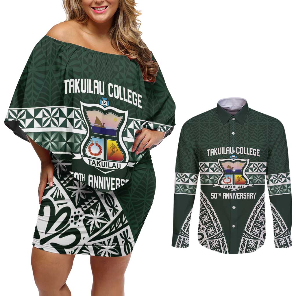 Personalised Tonga Takuilau College Couples Matching Off Shoulder Short Dress and Long Sleeve Button Shirt 50th Anniversary Ngatu Kupesi - Polynesian Pride
