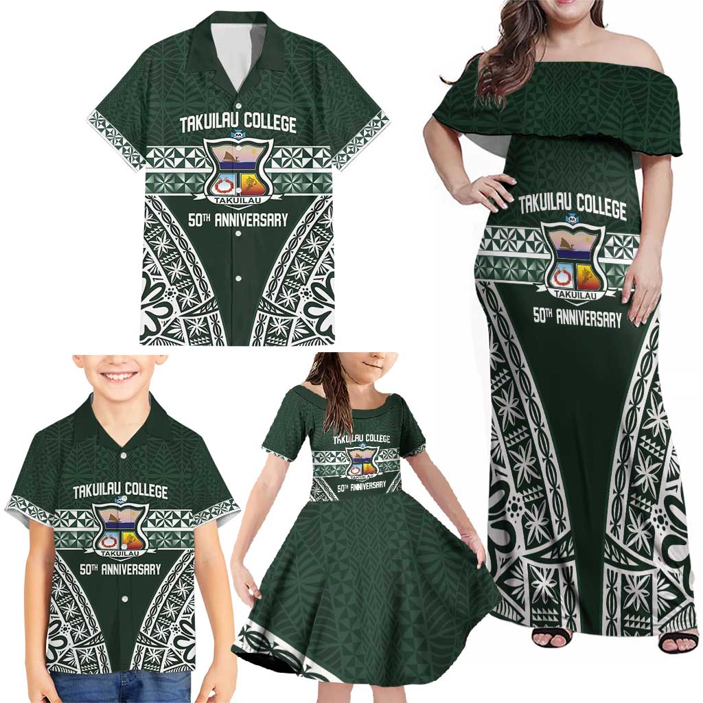 Personalised Tonga Takuilau College Family Matching Off Shoulder Maxi Dress and Hawaiian Shirt 50th Anniversary Ngatu Kupesi - Polynesian Pride