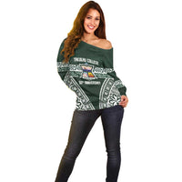 Personalised Tonga Takuilau College Off Shoulder Sweater 50th Anniversary Ngatu Kupesi - Polynesian Pride