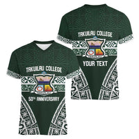 Personalised Tonga Takuilau College Women V-Neck T-Shirt 50th Anniversary Ngatu Kupesi - Polynesian Pride