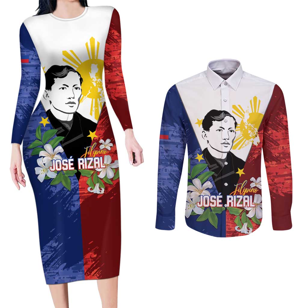 Philippines Rizal Day Couples Matching Long Sleeve Bodycon Dress and Long Sleeve Button Shirt Filipino Sampaguita Grunge Style - Polynesian Pride