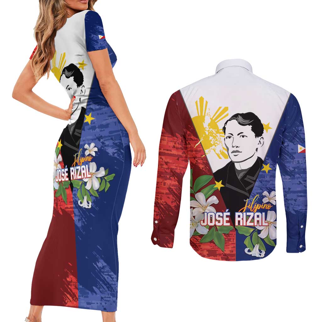 Philippines Rizal Day Couples Matching Short Sleeve Bodycon Dress and Long Sleeve Button Shirt Filipino Sampaguita Grunge Style - Polynesian Pride