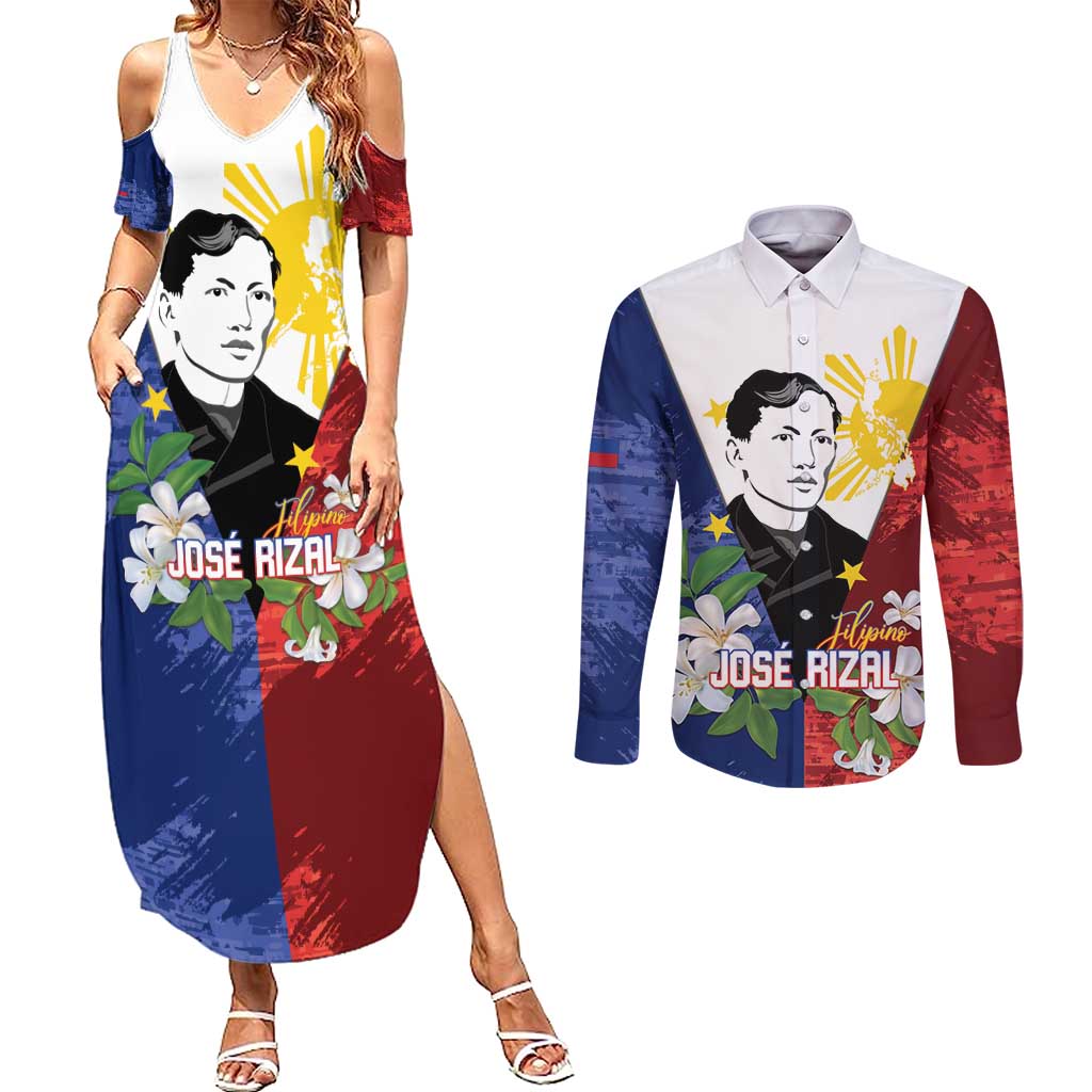 Philippines Rizal Day Couples Matching Summer Maxi Dress and Long Sleeve Button Shirt Filipino Sampaguita Grunge Style - Polynesian Pride