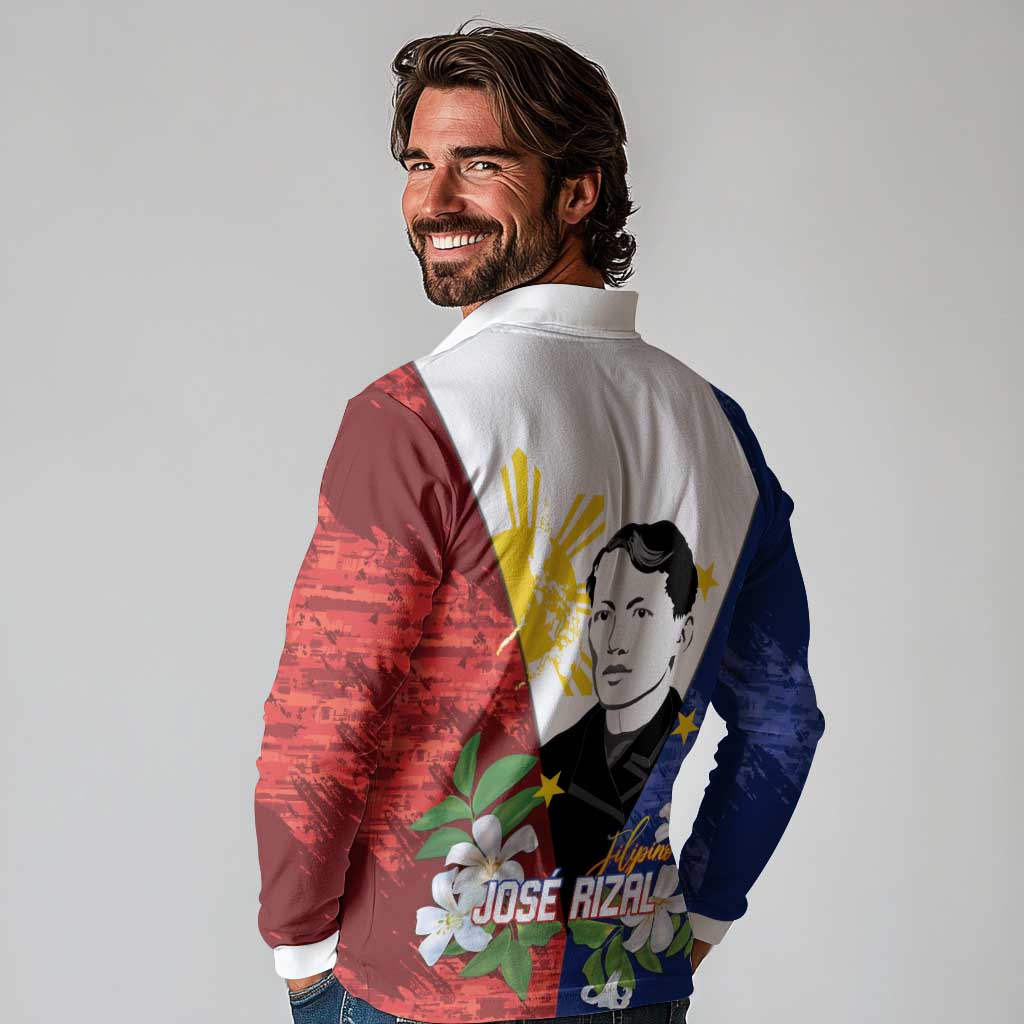 Philippines Rizal Day Long Sleeve Polo Shirt Filipino Sampaguita Grunge Style - Polynesian Pride