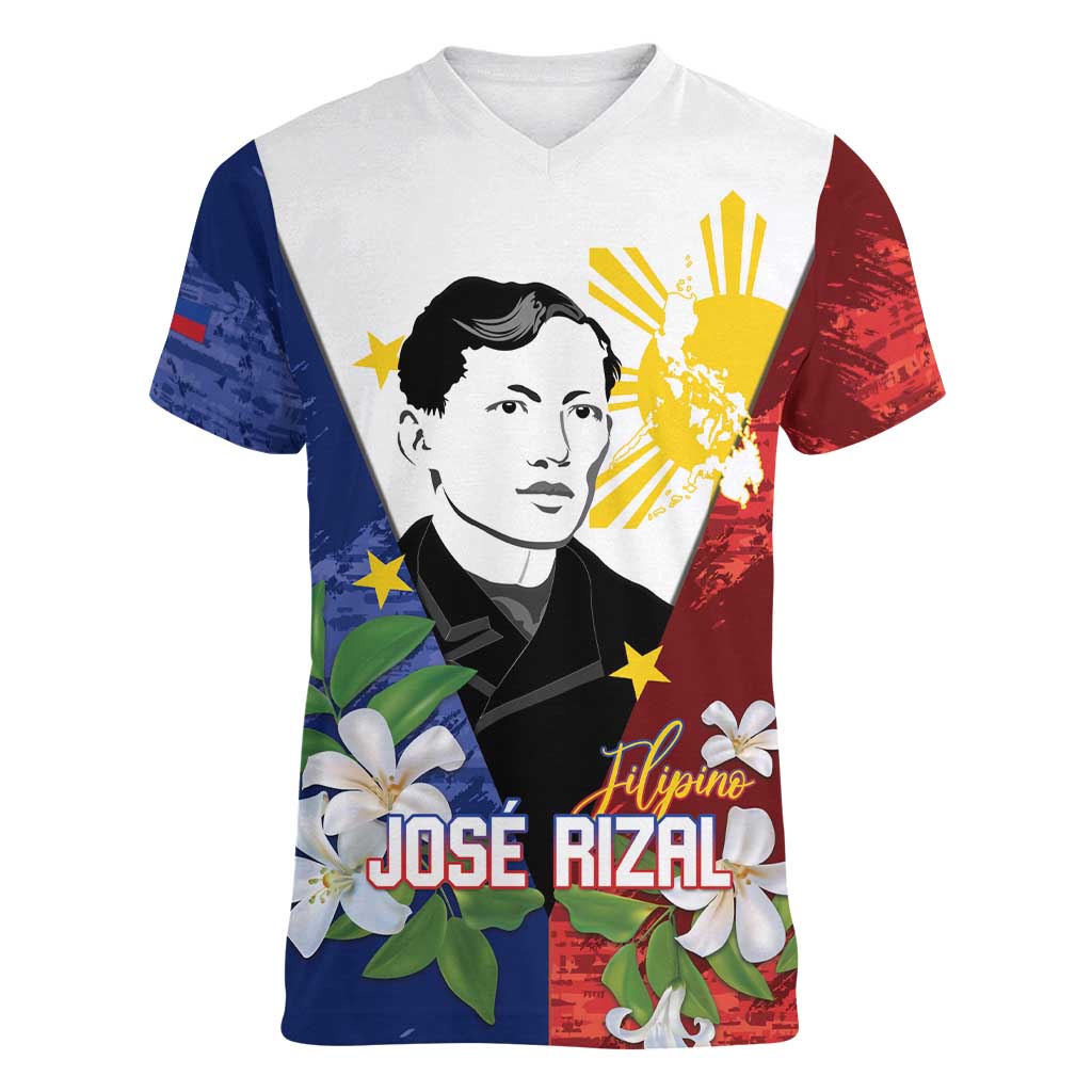 Philippines Rizal Day Women V-Neck T-Shirt Filipino Sampaguita Grunge Style - Polynesian Pride