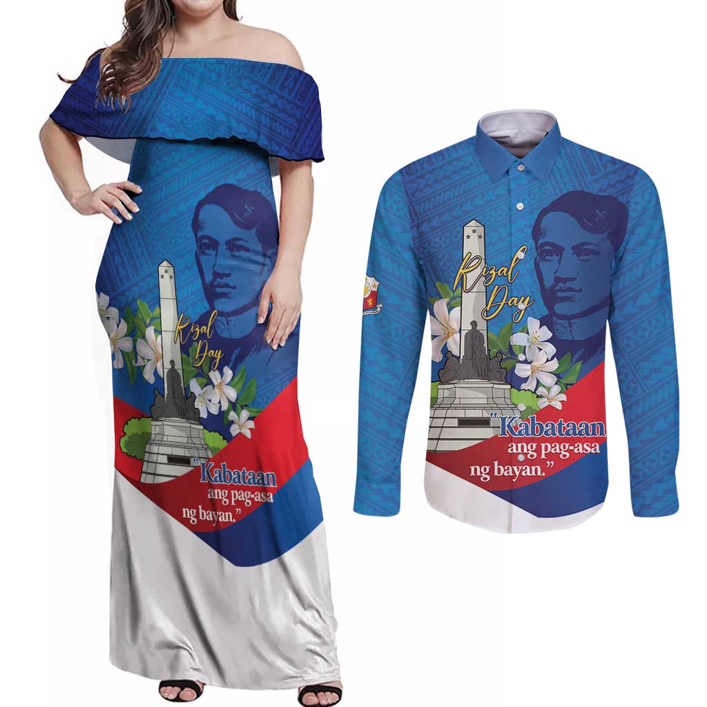 Philippines Rizal Day Couples Matching Off Shoulder Maxi Dress and Long Sleeve Button Shirt Filipino Motto Stella Polynesian Pattern - Polynesian Pride