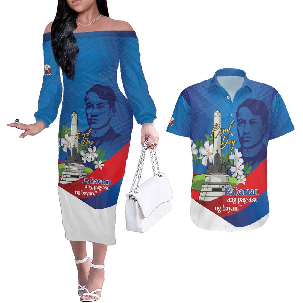 Philippines Rizal Day Couples Matching Off The Shoulder Long Sleeve Dress and Hawaiian Shirt Filipino Motto Stella Polynesian Pattern - Polynesian Pride