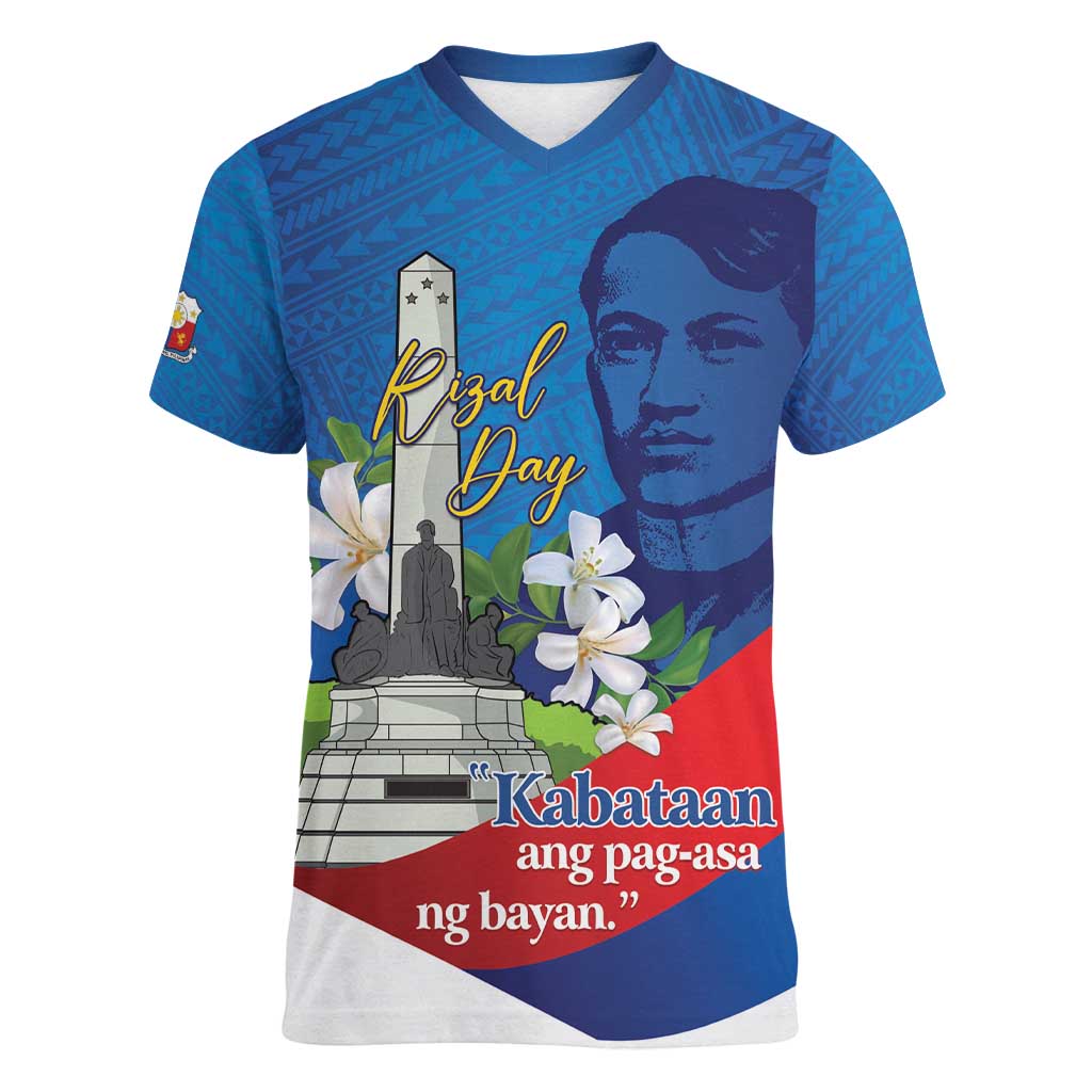 Philippines Rizal Day Women V-Neck T-Shirt Filipino Motto Stella Polynesian Pattern - Polynesian Pride