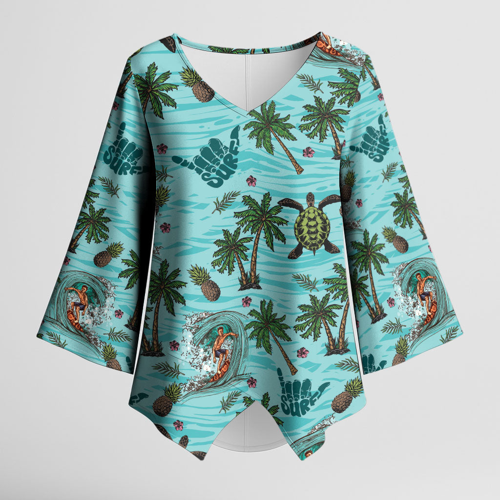 Aloha Hawaii Surfing Tropical Seamless Kimono Sleeve Blouse LT14 Female Cyan - Polynesian Pride