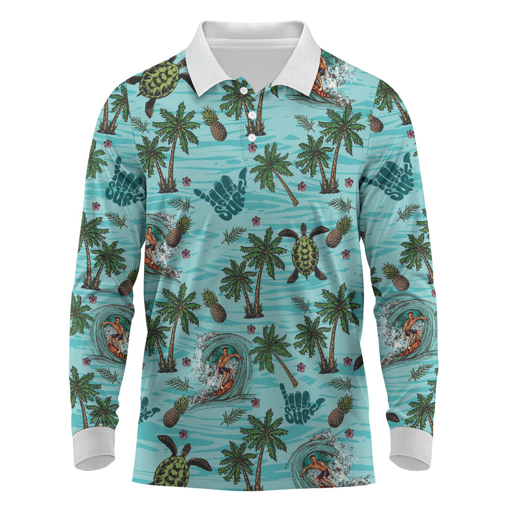 Aloha Hawaii Surfing Tropical Seamless Long Sleeve Polo Shirt LT14 Cyan - Polynesian Pride