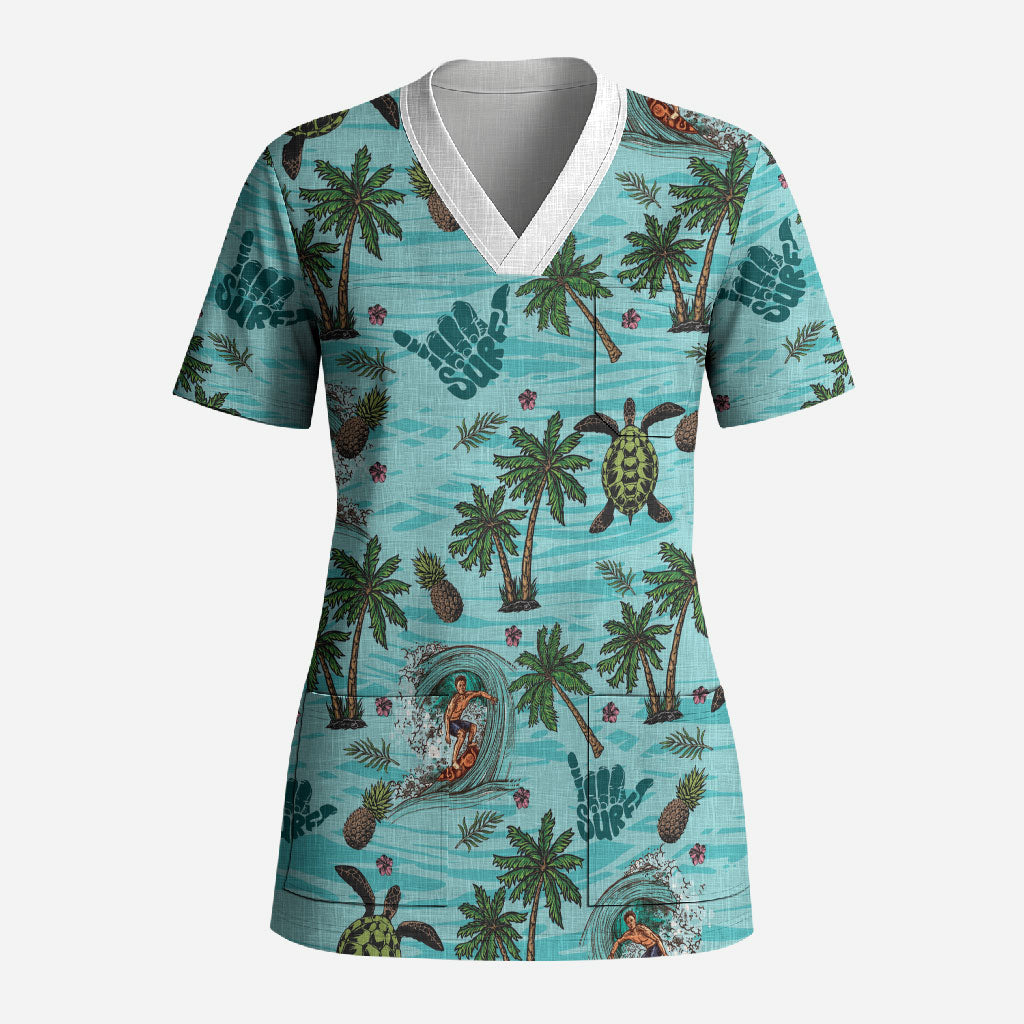 Aloha Hawaii Surfing Tropical Seamless Scrub Top