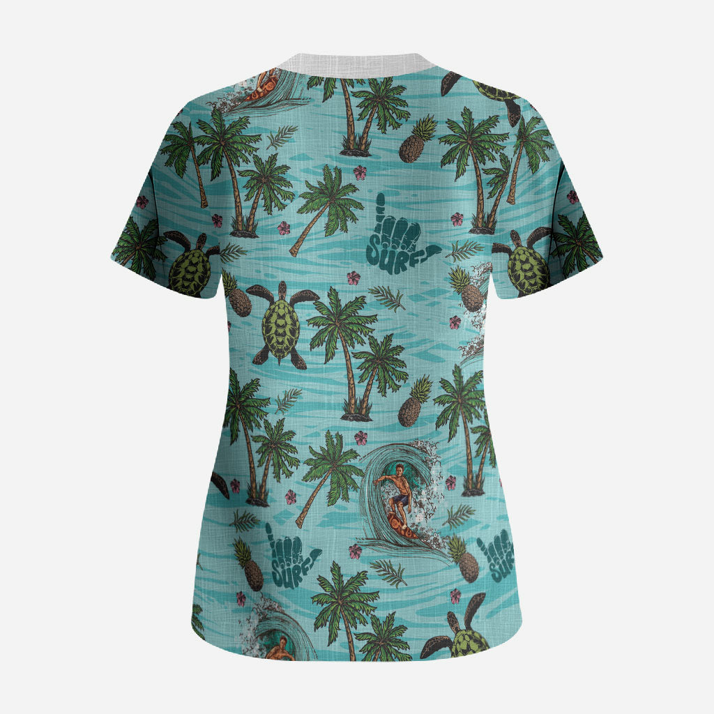 Aloha Hawaii Surfing Tropical Seamless Scrub Top LT14 - Polynesian Pride