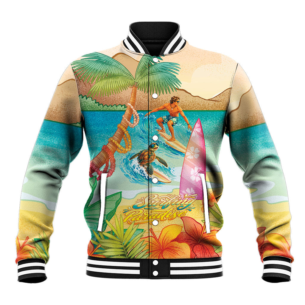 Surfing Paradise Hawaii Baseball Jacket Tropical Flowers Beachy Vibes