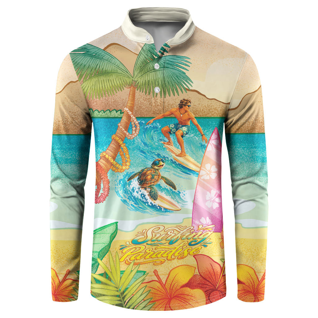 Surfing Paradise Hawaii Button Sweatshirt Tropical Flowers Beachy Vibes