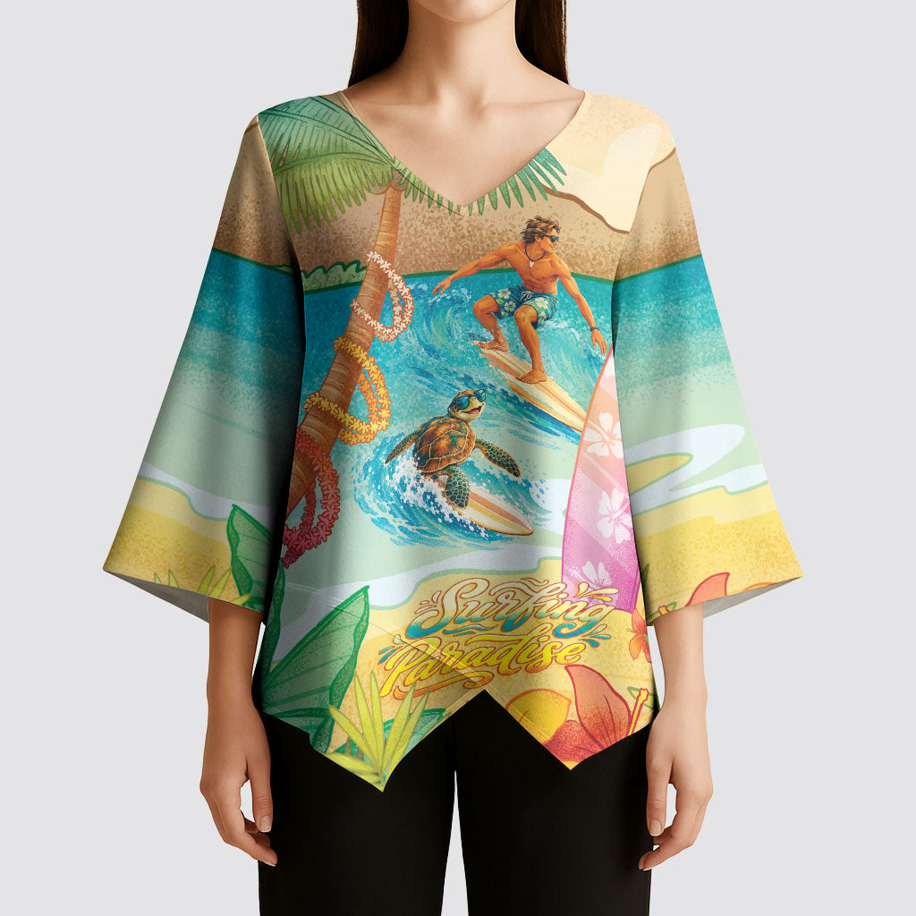 Surfing Paradise Hawaii Kimono Sleeve Blouse Tropical Flowers Beachy Vibes LT14 - Polynesian Pride