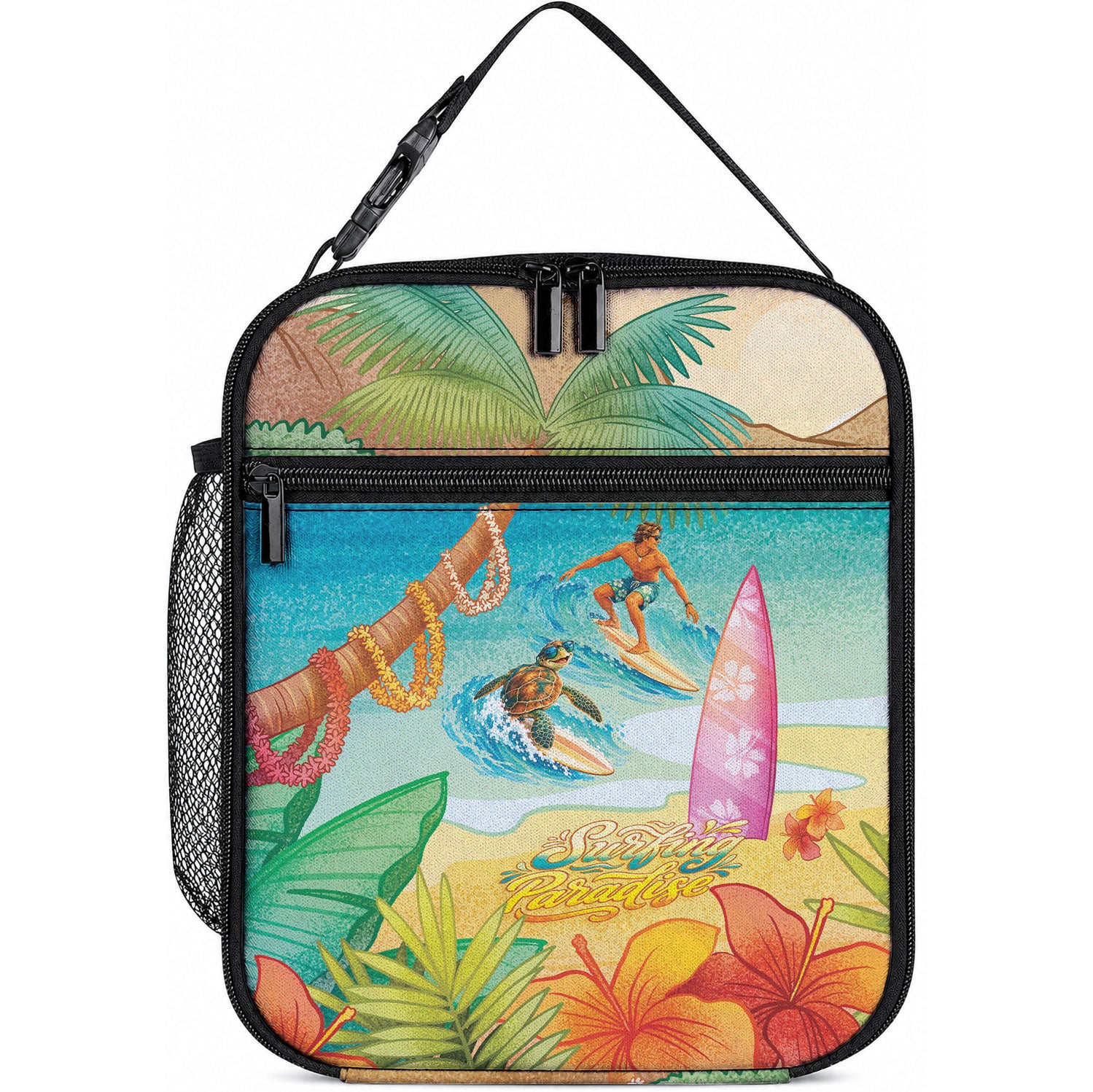 Surfing Paradise Hawaii Lunch Bag Tropical Flowers Beachy Vibes LT14 10.2 × 8.3 × 4.3 inch Multicolor - Polynesian Pride