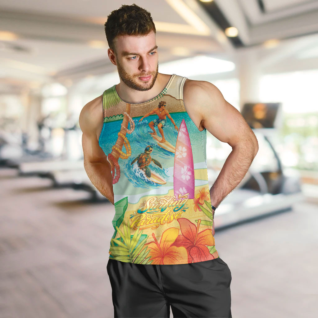 Surfing Paradise Hawaii Men Tank Top Tropical Flowers Beachy Vibes LT14 Multicolor - Polynesian Pride