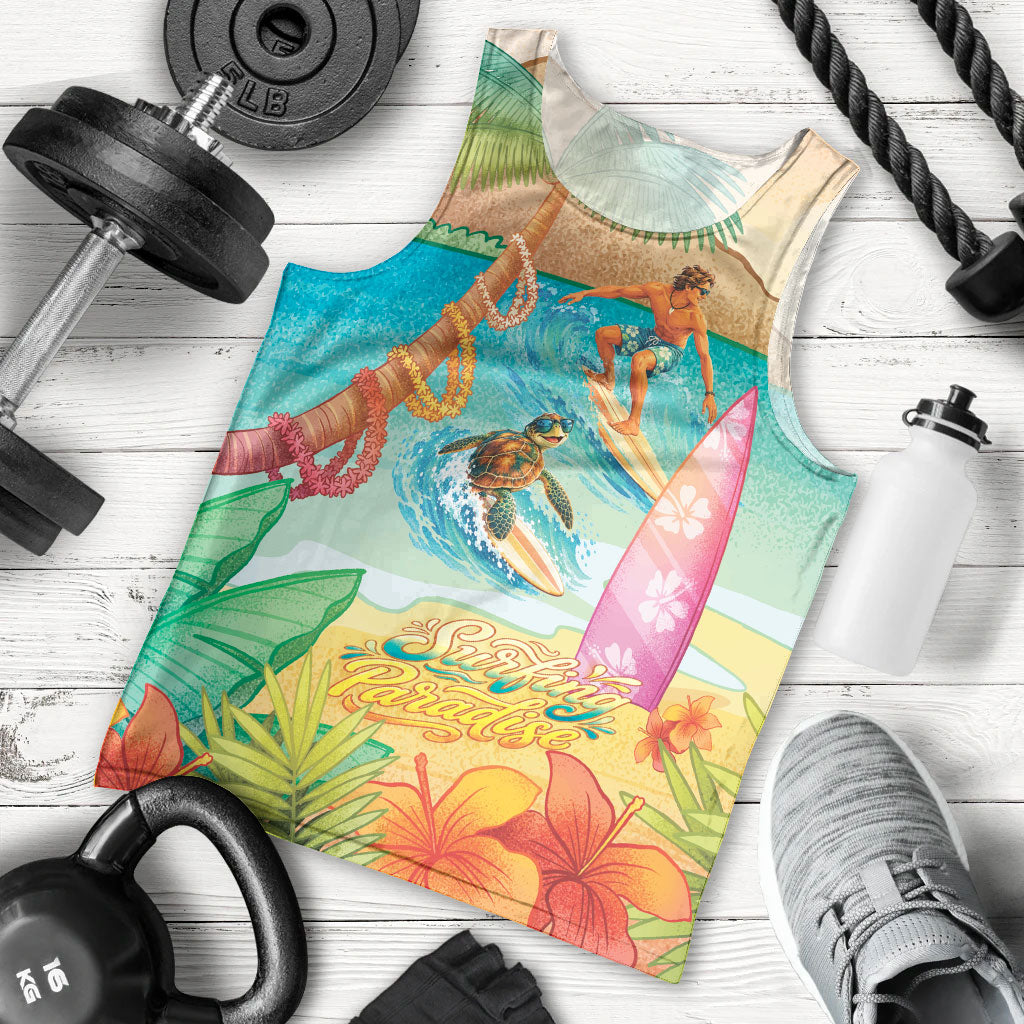 Surfing Paradise Hawaii Men Tank Top Tropical Flowers Beachy Vibes LT14 - Polynesian Pride