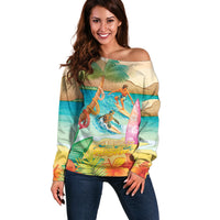 Surfing Paradise Hawaii Off Shoulder Sweater Tropical Flowers Beachy Vibes LT14 Women Multicolor - Polynesian Pride