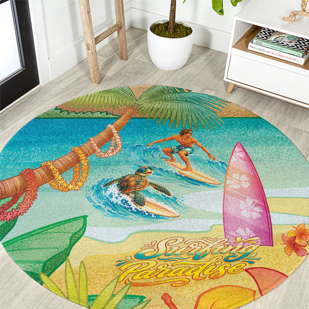 Surfing Paradise Hawaii Round Carpet Tropical Flowers Beachy Vibes