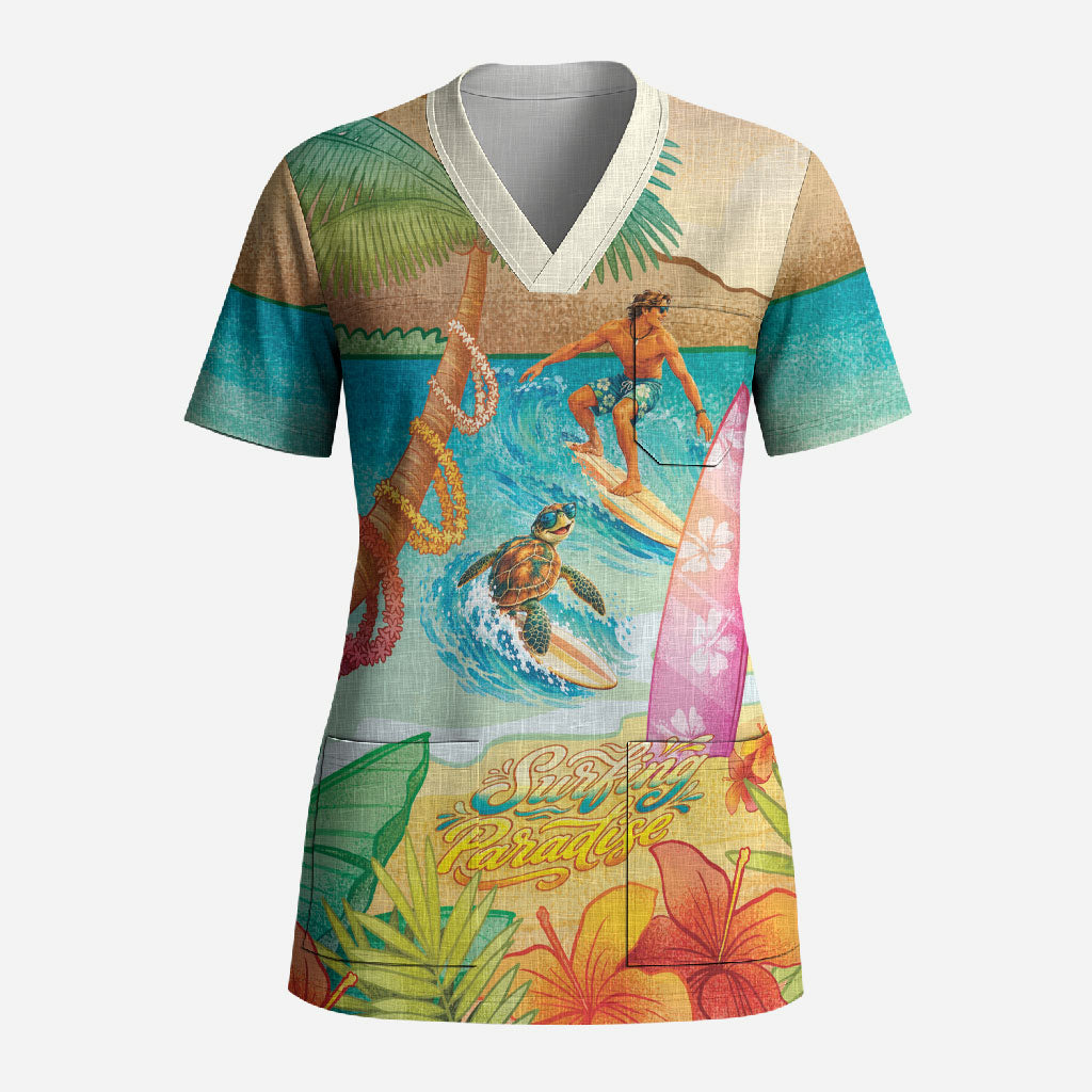 Surfing Paradise Hawaii Scrub Top Tropical Flowers Beachy Vibes LT14 Adult Multicolor - Polynesian Pride