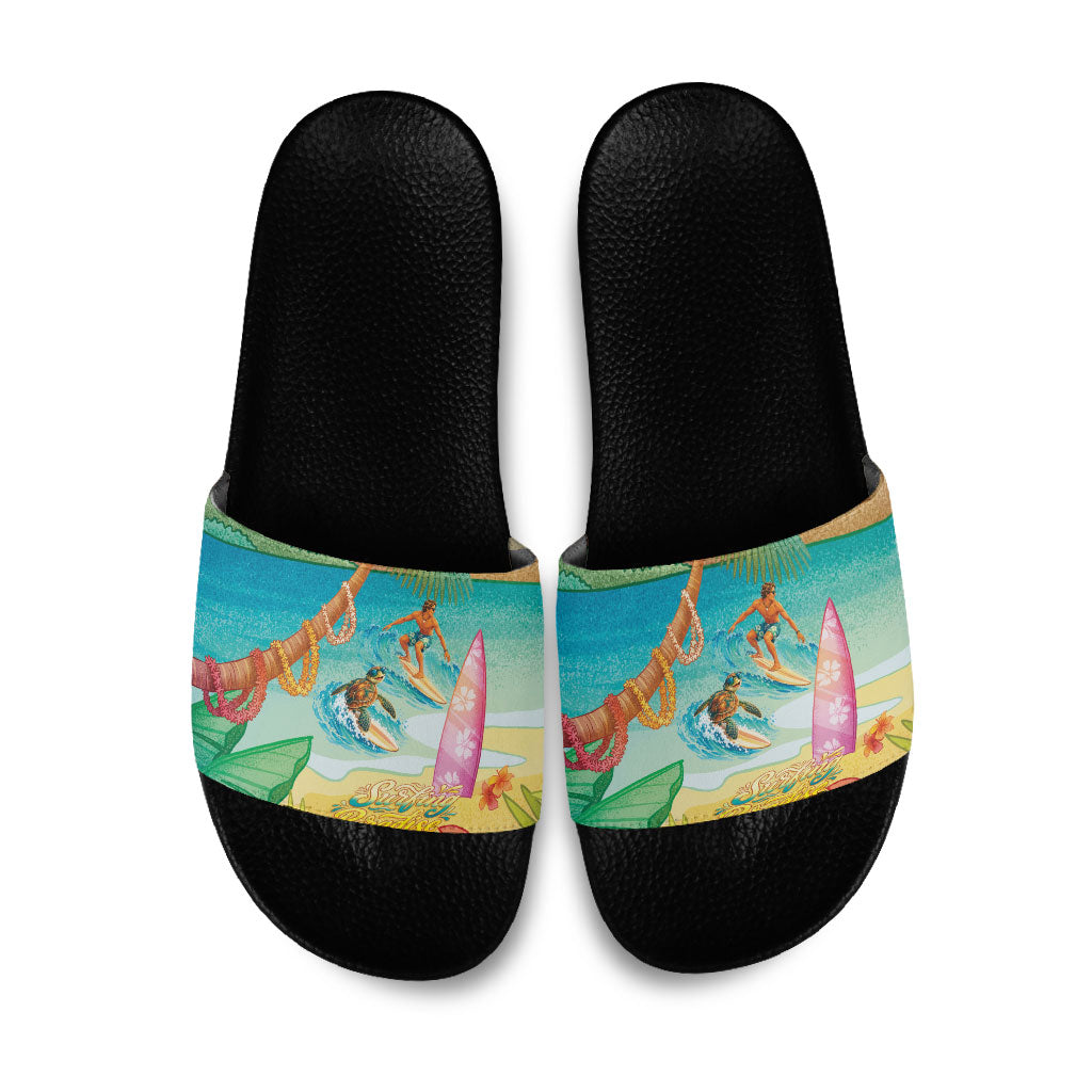 Surfing Paradise Hawaii Slide Sandals Tropical Flowers Beachy Vibes