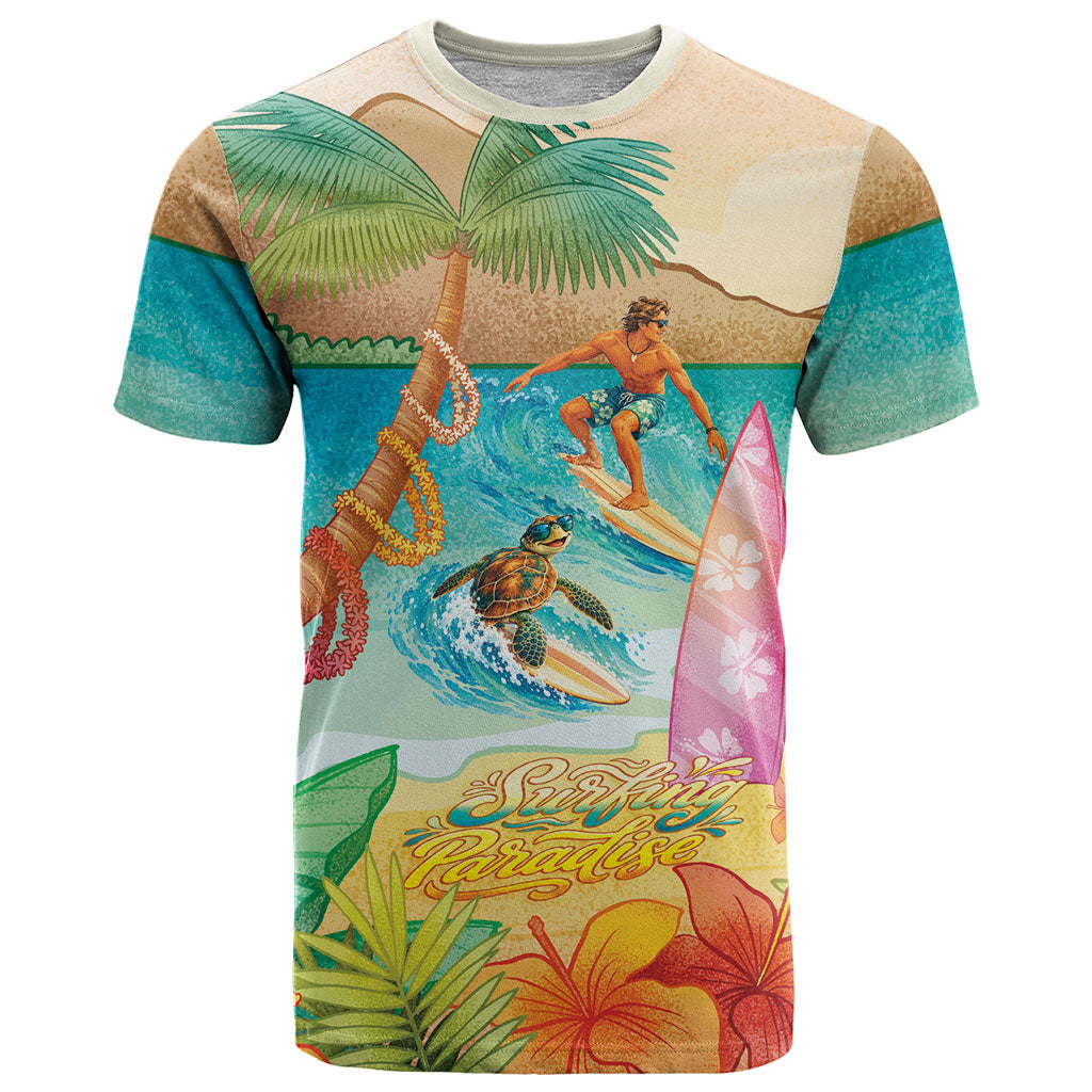 Surfing Paradise Hawaii T Shirt Tropical Flowers Beachy Vibes