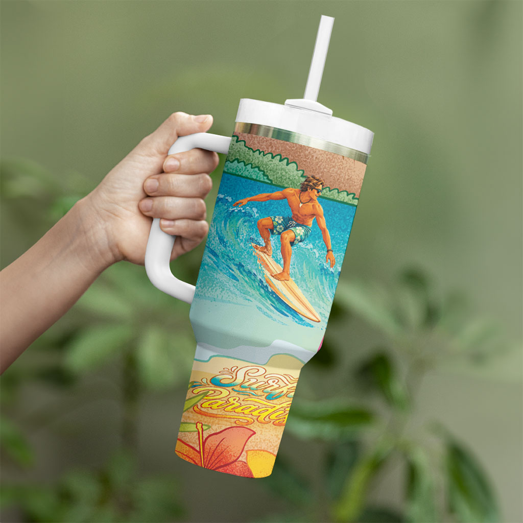 Surfing Paradise Hawaii Tumbler With Handle Tropical Flowers Beachy Vibes LT14 - Polynesian Pride