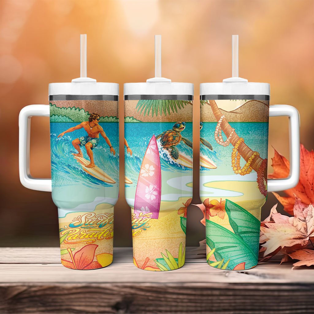 Surfing Paradise Hawaii Tumbler With Handle Tropical Flowers Beachy Vibes LT14 - Polynesian Pride