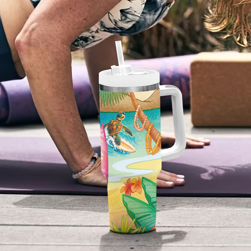 Surfing Paradise Hawaii Tumbler With Handle Tropical Flowers Beachy Vibes LT14 - Polynesian Pride