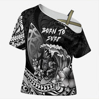Hawaii Surfing Personalized Cross Shoulder Shirt Born To Surf Tiki Hawaiian Pattern LT14 Female Black - Polynesian Pride