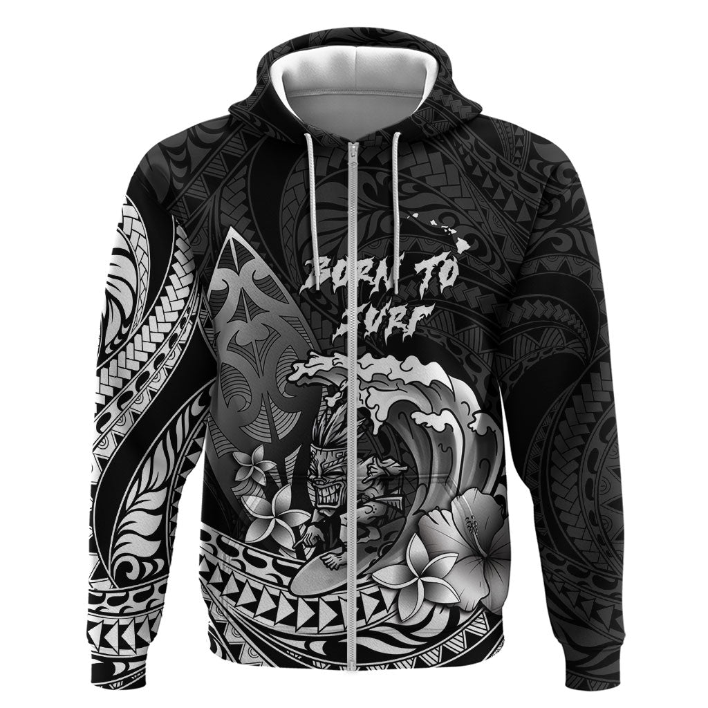 Hawaii Surfing Personalized Hoodie Born To Surf Tiki Hawaiian Pattern LT14 Zip Hoodie Black - Polynesian Pride