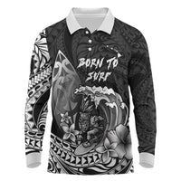 Hawaii Surfing Personalized Long Sleeve Polo Shirt Born To Surf Tiki Hawaiian Pattern LT14 Black - Polynesian Pride