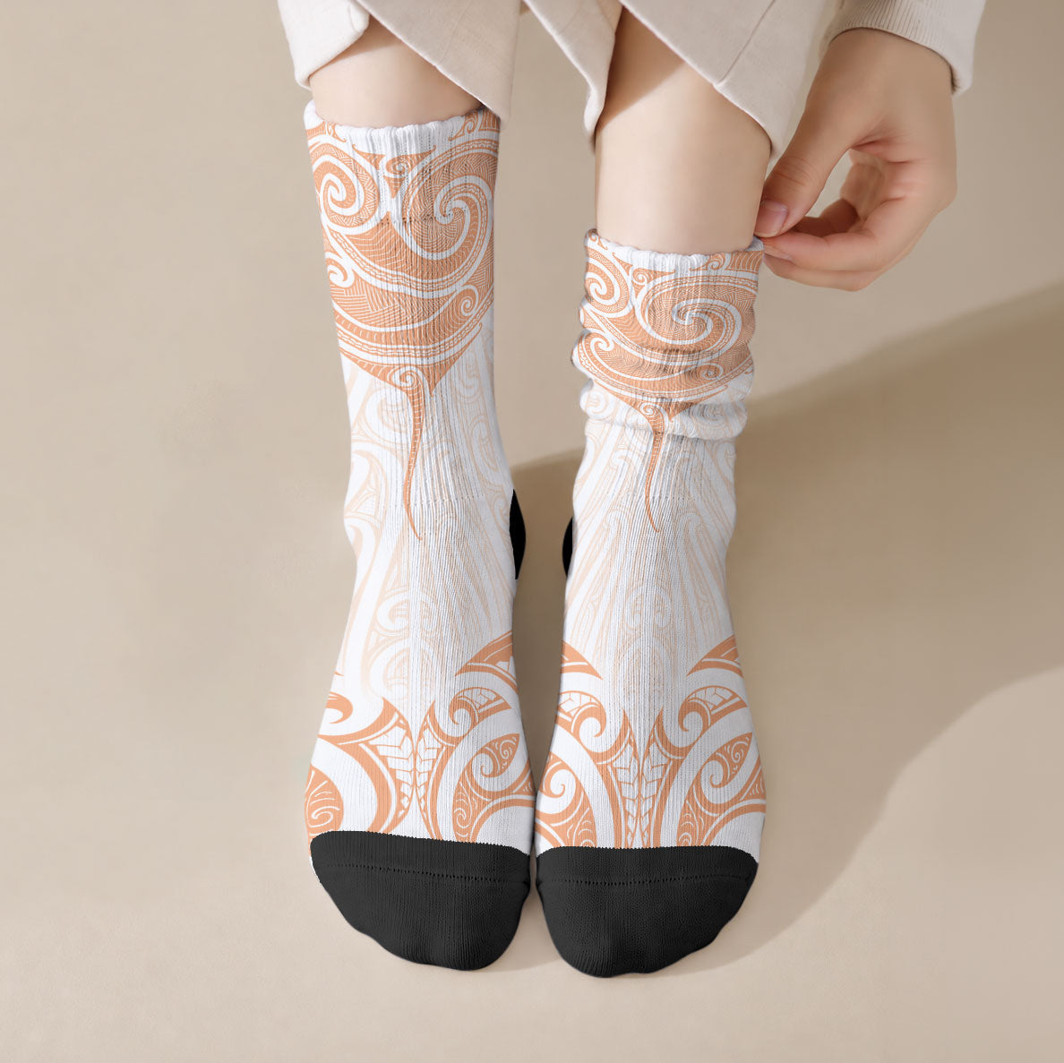 New Zealand Manta Ray Tattoo Crew Socks Aotearoa Maori Haehae Orange LT14 Crew Socks Orange - Polynesian Pride