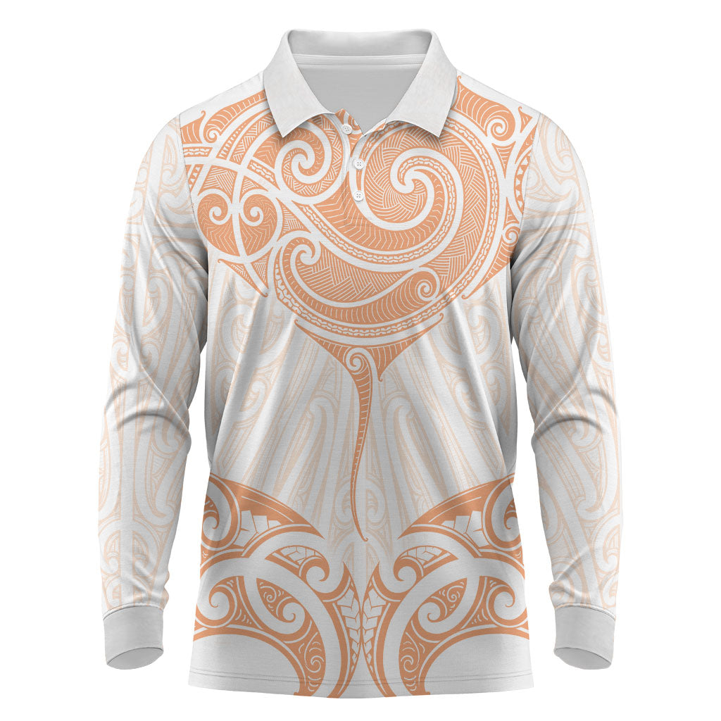 New Zealand Manta Ray Tattoo Long Sleeve Polo Shirt Aotearoa Maori Haehae Orange LT14 Orange - Polynesian Pride