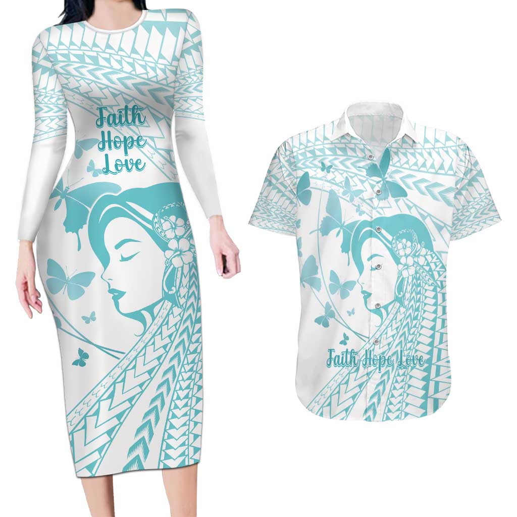 Polynesia Cervical Cancer Awareness Month Couples Matching Long Sleeve Bodycon Dress and Hawaiian Shirt Polynesian Women Faith Hope Love!