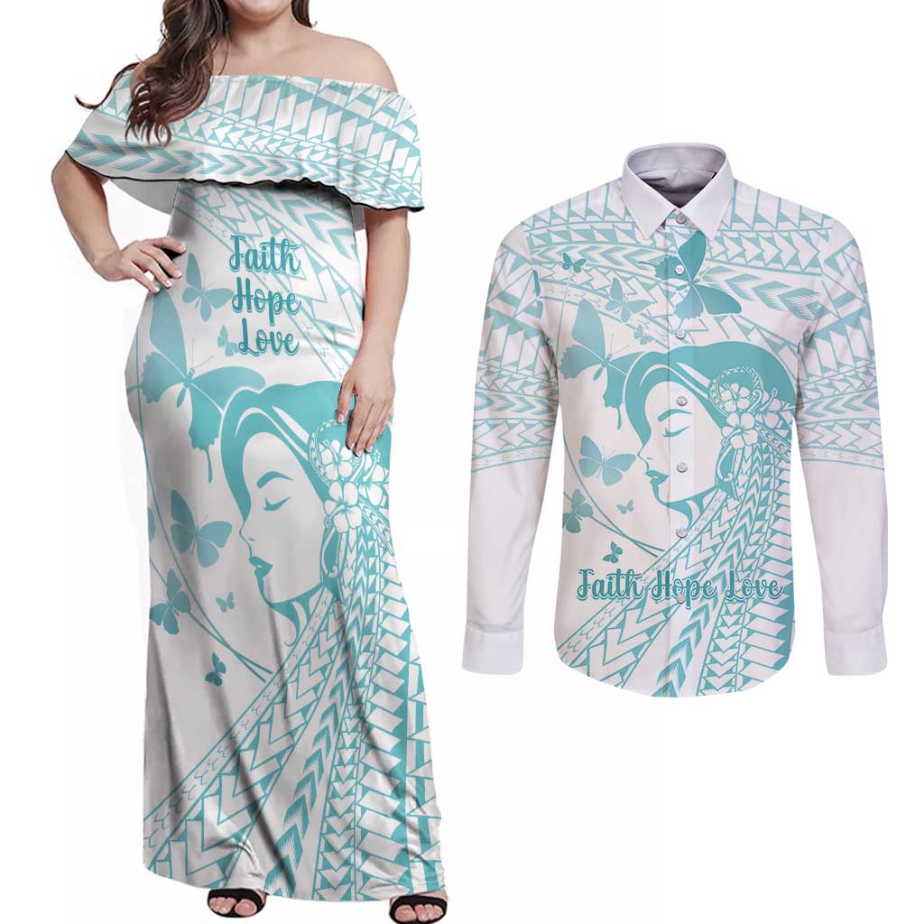 Polynesia Cervical Cancer Awareness Month Couples Matching Off Shoulder Maxi Dress and Long Sleeve Button Shirt Polynesian Women Faith Hope Love!
