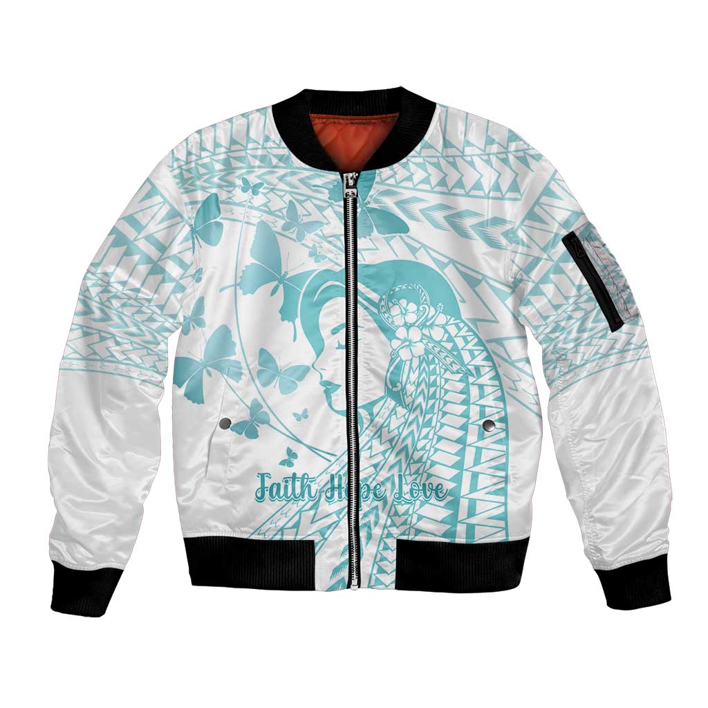 Polynesia Cervical Cancer Awareness Month Sleeve Zip Bomber Jacket Polynesian Women Faith Hope Love! LT14 Unisex White - Polynesian Pride