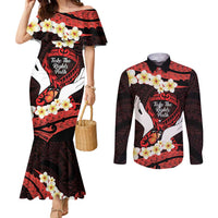 Polynesia AIDS Awareness Month Couples Matching Mermaid Dress and Long Sleeve Button Shirt Take The Rights Path Polynesian Pattern