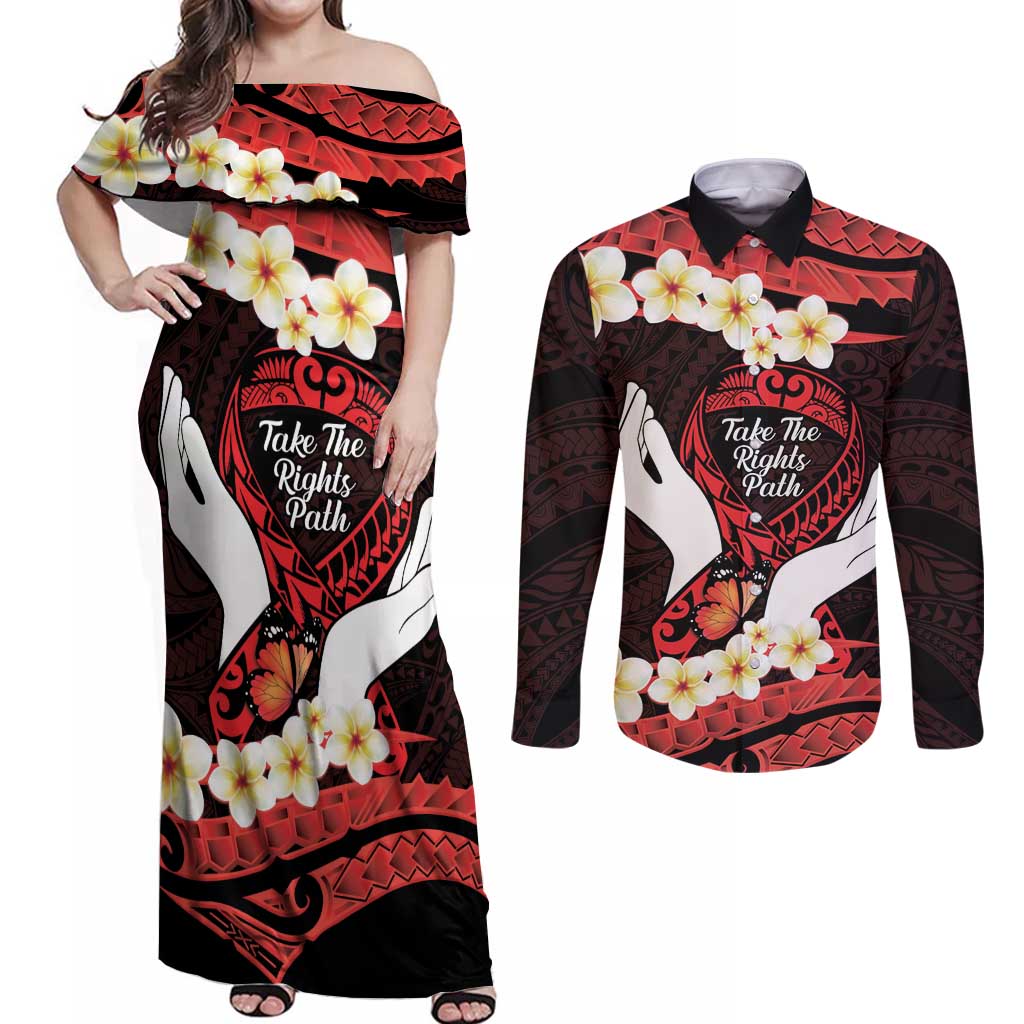 Polynesia AIDS Awareness Month Couples Matching Off Shoulder Maxi Dress and Long Sleeve Button Shirt Take The Rights Path Polynesian Pattern
