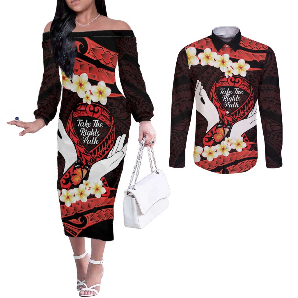 Polynesia AIDS Awareness Month Couples Matching Off The Shoulder Long Sleeve Dress and Long Sleeve Button Shirt Take The Rights Path Polynesian Pattern