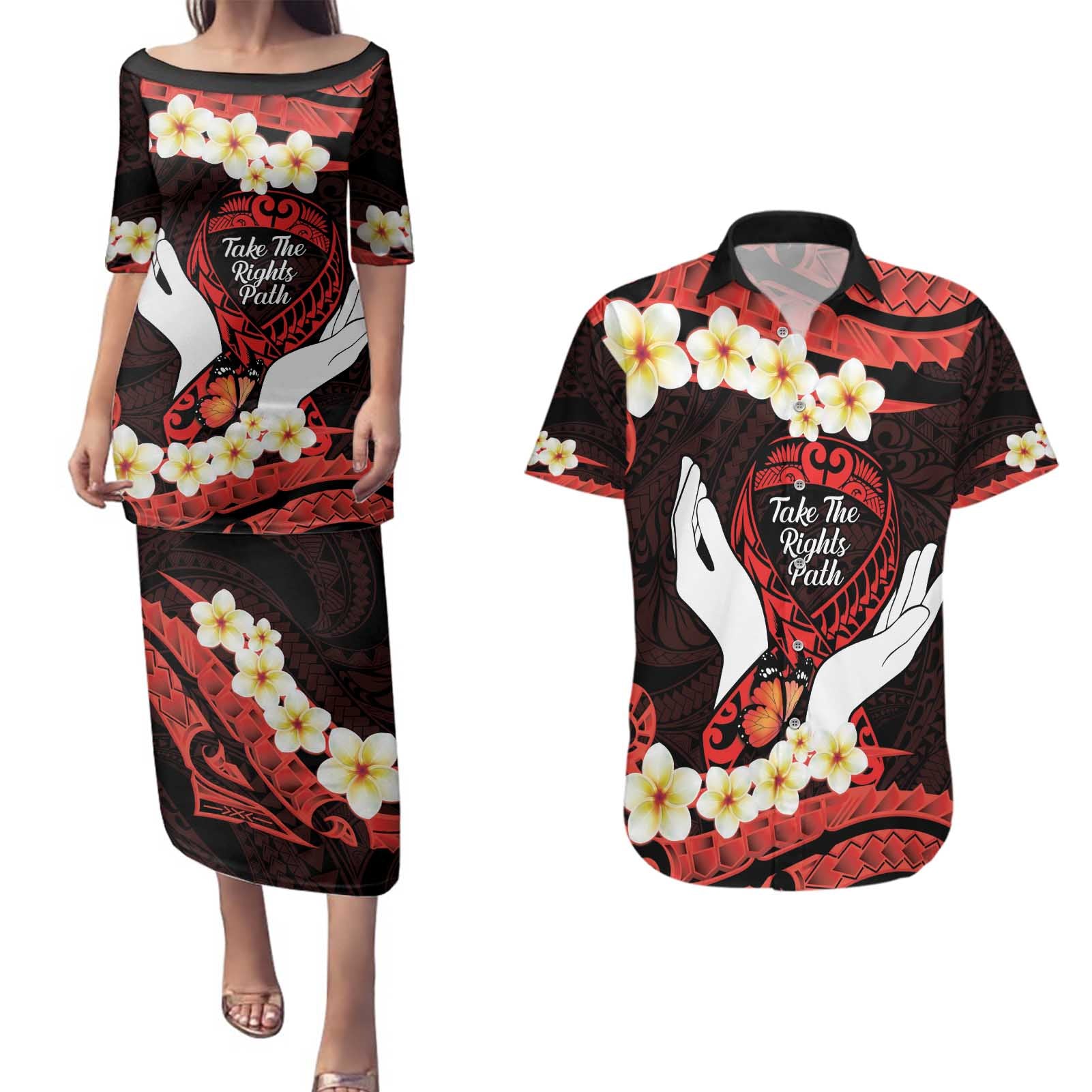 Polynesia AIDS Awareness Month Couples Matching Puletasi and Hawaiian Shirt Take The Rights Path Polynesian Pattern