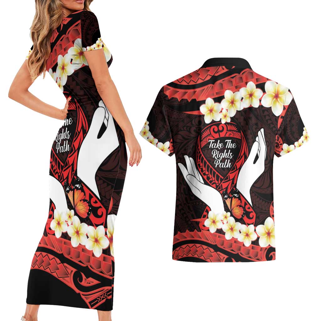 Polynesia AIDS Awareness Month Couples Matching Short Sleeve Bodycon Dress and Hawaiian Shirt Take The Rights Path Polynesian Pattern