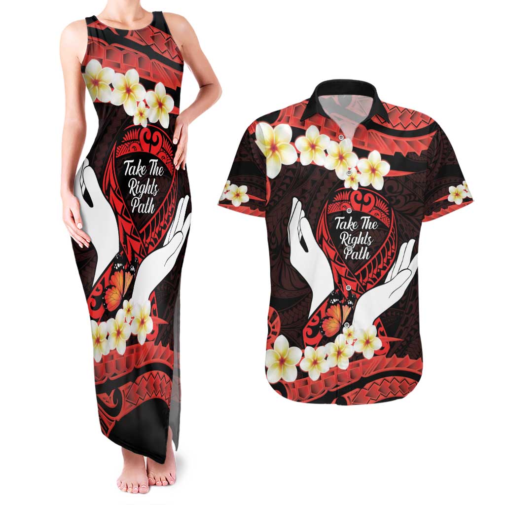 Polynesia AIDS Awareness Month Couples Matching Tank Maxi Dress and Hawaiian Shirt Take The Rights Path Polynesian Pattern