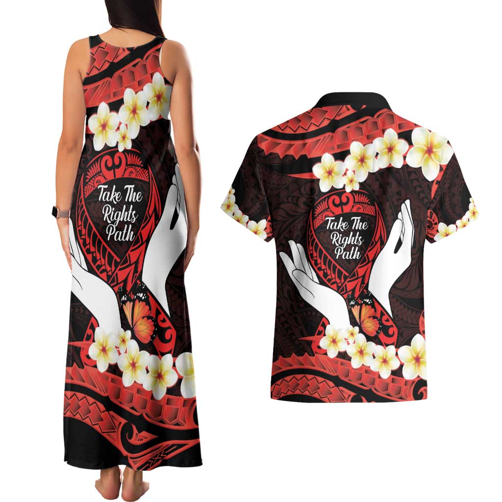 Polynesia AIDS Awareness Month Couples Matching Tank Maxi Dress and Hawaiian Shirt Take The Rights Path Polynesian Pattern