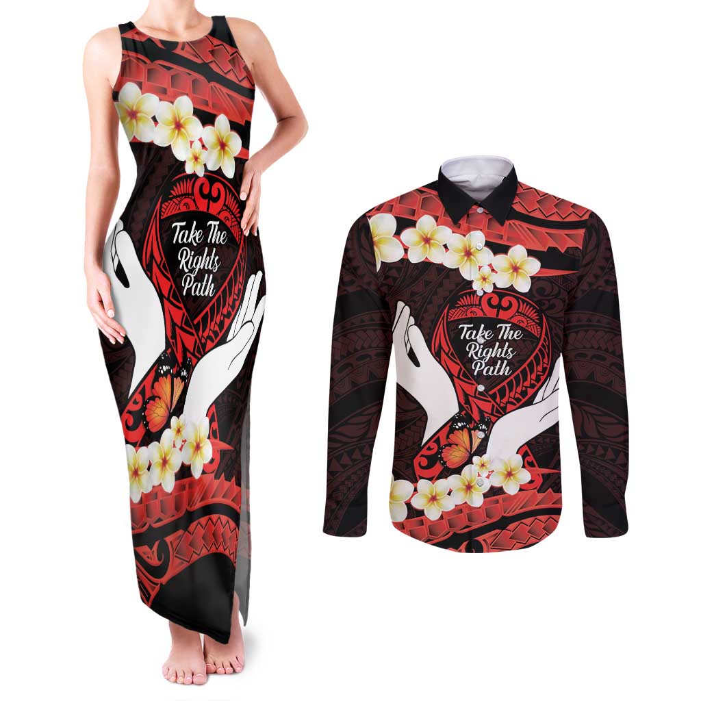 Polynesia AIDS Awareness Month Couples Matching Tank Maxi Dress and Long Sleeve Button Shirt Take The Rights Path Polynesian Pattern