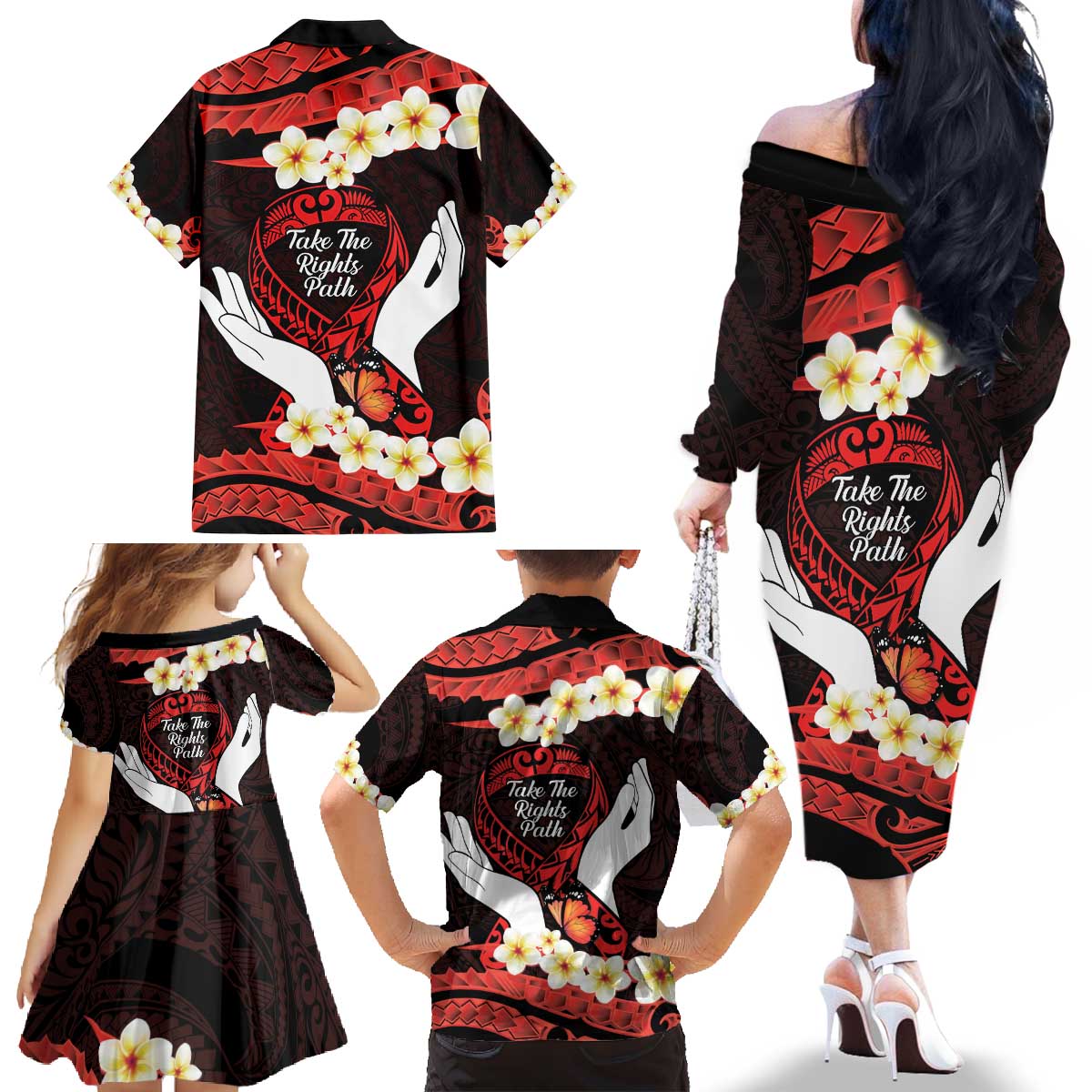 Polynesia AIDS Awareness Month Family Matching Off The Shoulder Long Sleeve Dress and Hawaiian Shirt Take The Rights Path Polynesian Pattern