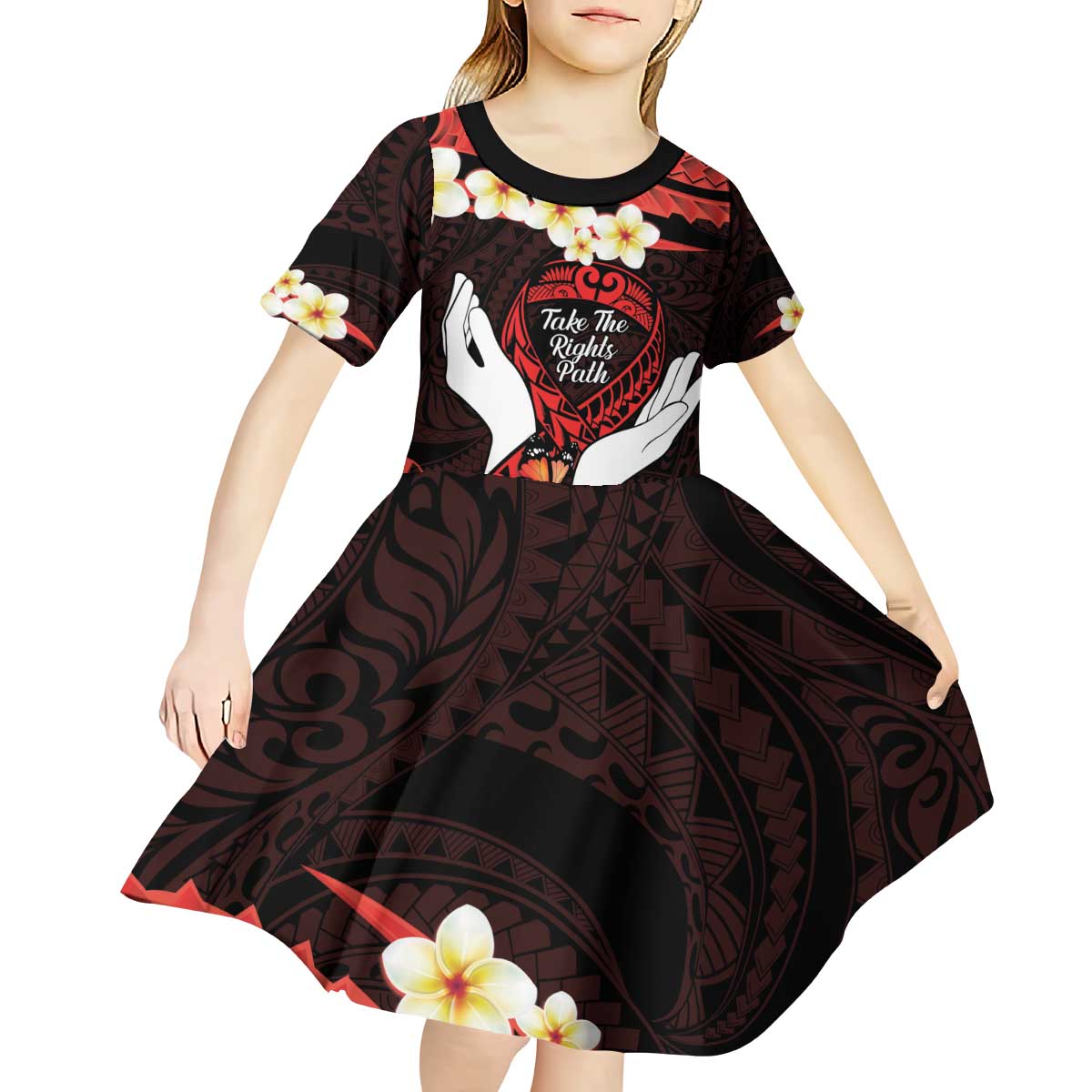 Polynesia AIDS Awareness Month Kid Short Sleeve Dress Take The Rights Path Polynesian Pattern