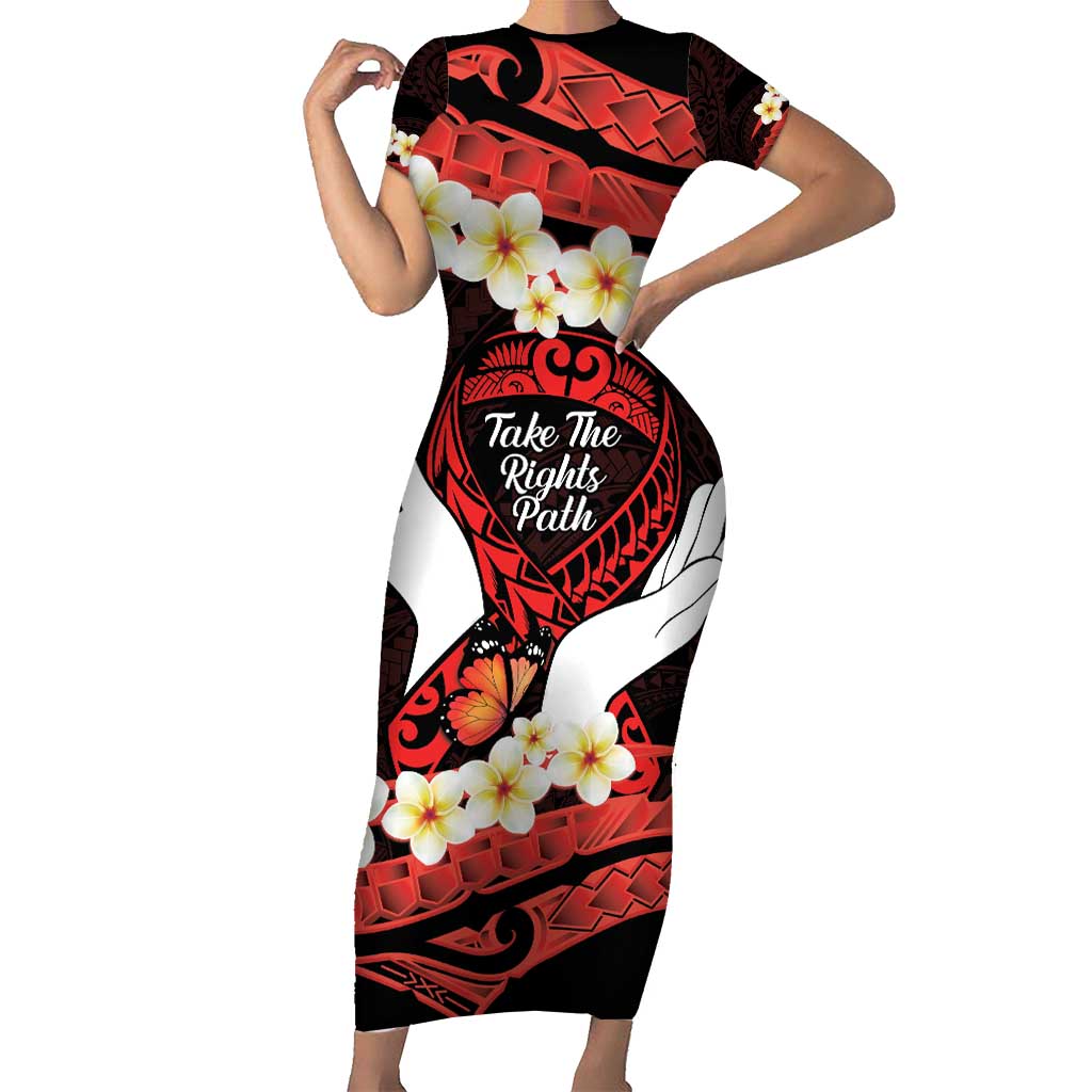 Polynesia AIDS Awareness Month Short Sleeve Bodycon Dress Take The Rights Path Polynesian Pattern